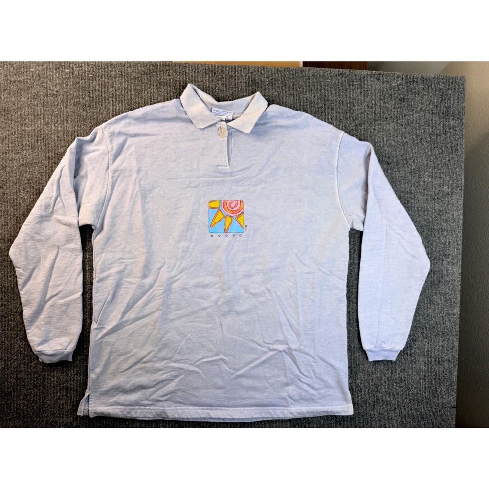 Fresh Produce Vintage USA Made Sun Graphic Polo Sweatshirt Blue Large L Pullover